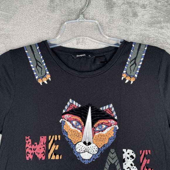 Desigual Shirt Womens XL Black Beaded We are Animals Tiger Artsy Art to Wear - Picture 4 of 8